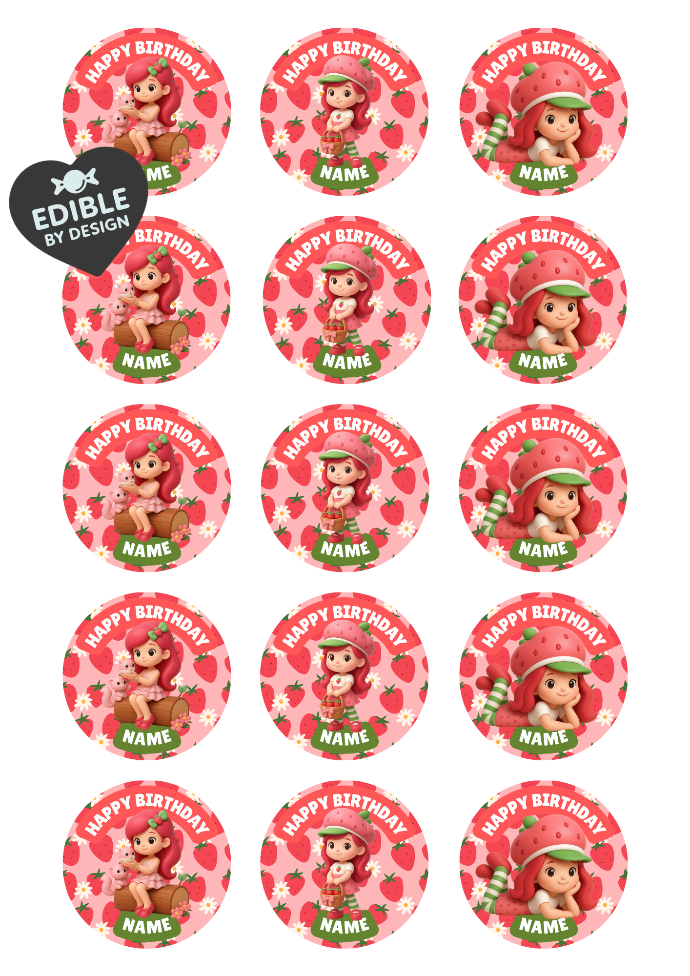 Strawberry Shortcake Inspired Theme Birthday Cake Toppers Edible Circles Personalised Name and Age Matching Stickers Balloon Invitations Pack