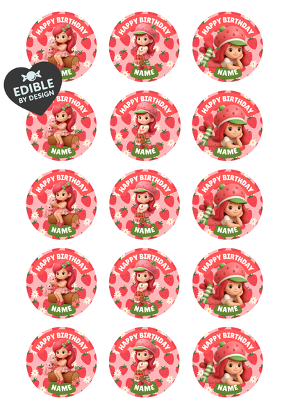 Strawberry Shortcake Inspired Theme Birthday Cake Toppers Edible Circles Personalised Name and Age Matching Stickers Balloon Invitations Pack