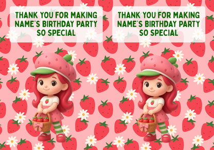 Strawberry Shortcake Inspired Theme Birthday Cake Toppers Edible Circles Personalised Name and Age Matching Stickers Balloon Invitations Pack