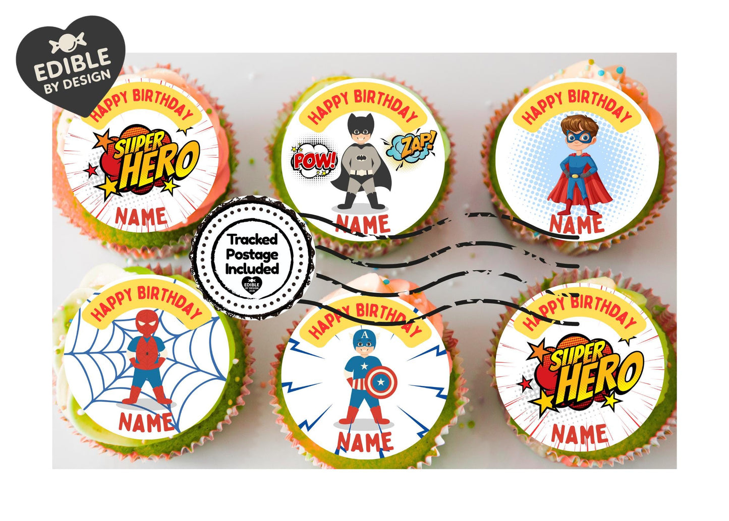 Super Hero Theme Birthday Cake Toppers Edible Circles matching Invitations Stickers Balloon Party Pack