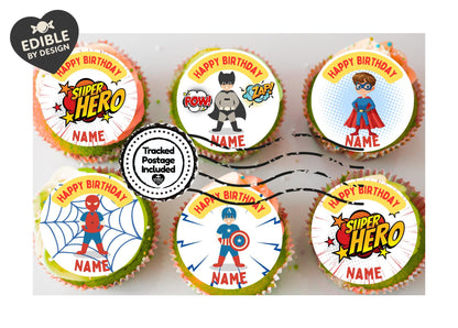 Super Hero Theme Birthday Cake Toppers Edible Circles matching Invitations Stickers Balloon Party Pack