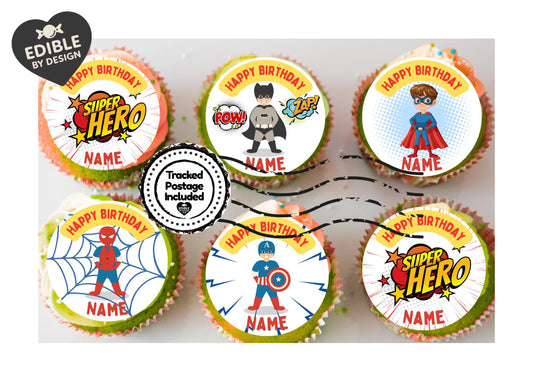 Super Hero Theme Birthday Cake Toppers Edible Circles matching Invitations Stickers Balloon Party Pack