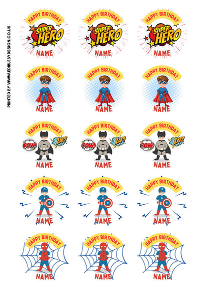 Super Hero Theme Birthday Cake Toppers Edible Circles matching Invitations Stickers Balloon Party Pack