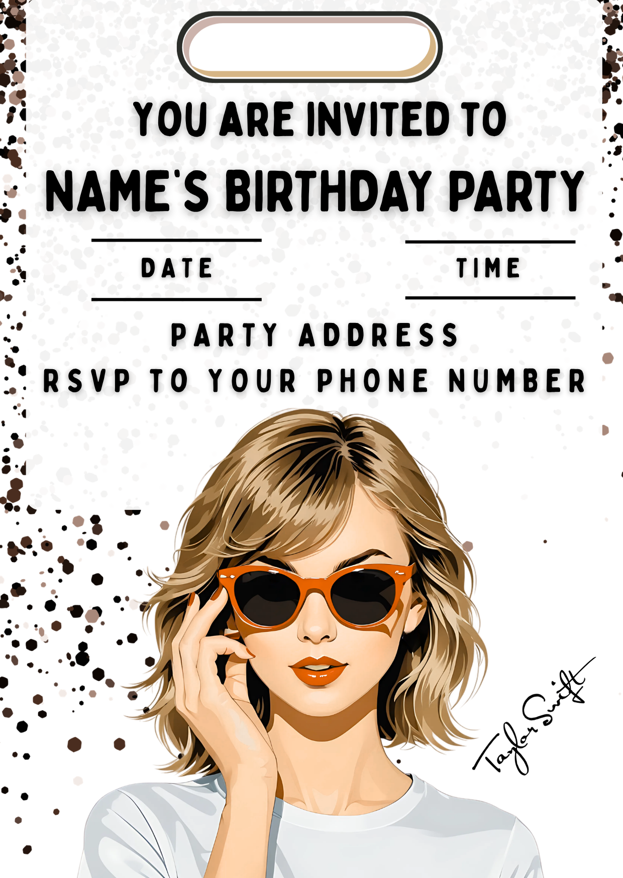 Taylor Swift Swiftie Theme Birthday Cake Toppers Edible Circles Personalised Name and Age Matching Stickers Balloon Invitations Pack