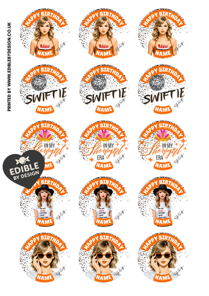 Taylor Swift Swiftie Theme Birthday Cake Toppers Edible Circles Personalised Name and Age Matching Stickers Balloon Invitations Pack