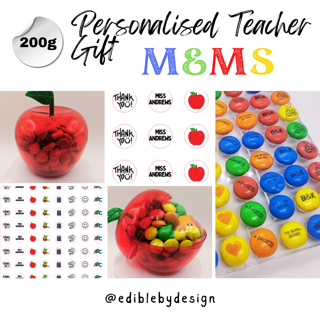 Teacher Gift, Personalised Chocolate M&Ms, your choice of teacher name, Large Apple Container