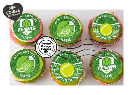 Tennis Theme Birthday Cake Toppers with name and age on Wafer or Icing