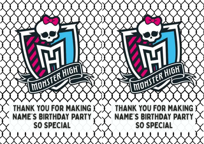 Monster High Theme Birthday Cake Toppers Edible Circles Personalised Name and Age Matching Stickers Balloon Invitations Pack