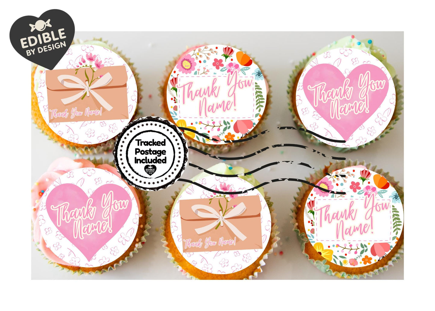 Thank You Personalised Cake Toppers: Floral Design Edible Image Circles on Icing or Wafer