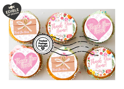 Thank You Personalised Cake Toppers: Floral Design Edible Image Circles on Icing or Wafer