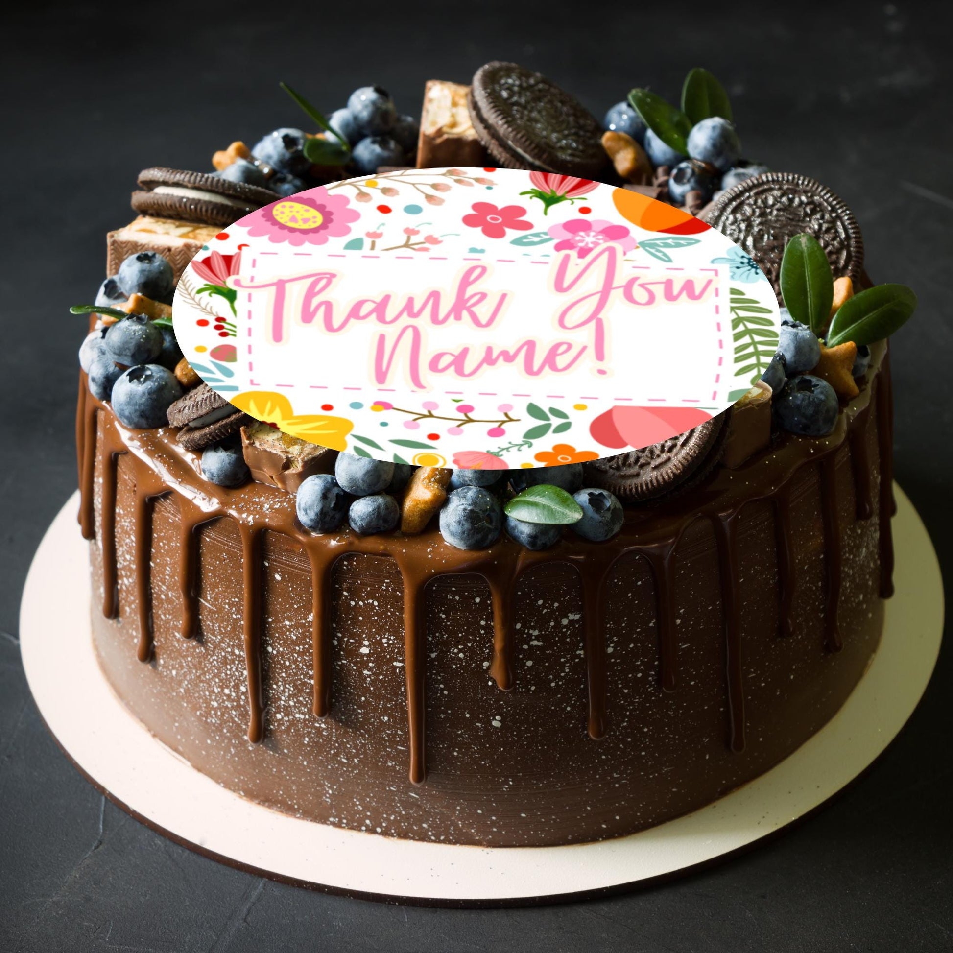 Thank You Personalised Cake Toppers: Floral Design Edible Image Circles on Icing or Wafer