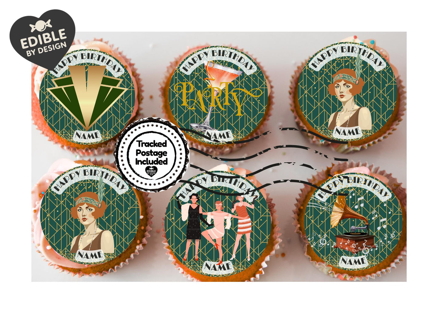 The Great Gatsby 1920 Theme Birthday Personalised Cake Toppers matching Invitations Stickers Balloon Party Pack