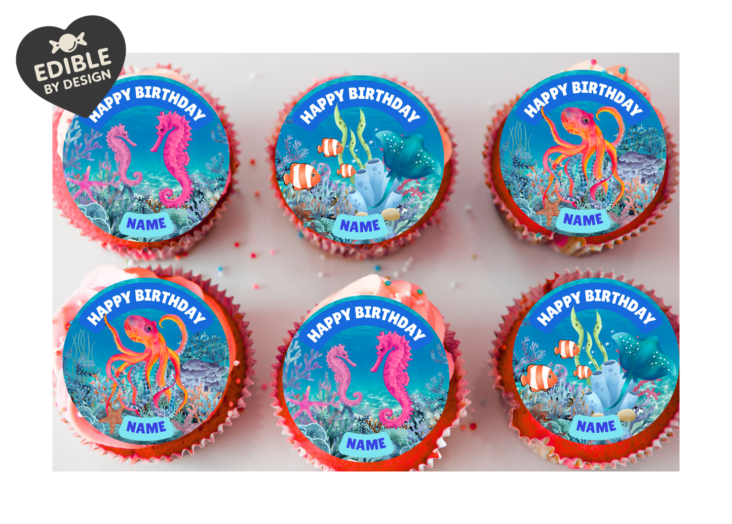 Under The Sea Theme Birthday Cake Toppers Edible Circles Personalised Name and Age Matching Stickers Balloon Invitations Pack