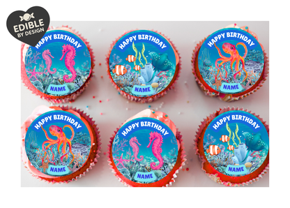 Under The Sea Theme Birthday Cake Toppers Edible Circles Personalised Name and Age Matching Stickers Balloon Invitations Pack