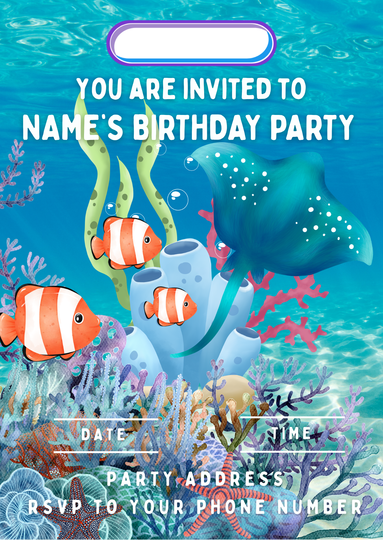 Under The Sea Theme Birthday Cake Toppers Edible Circles Personalised Name and Age Matching Stickers Balloon Invitations Pack