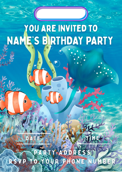 Under The Sea Theme Birthday Cake Toppers Edible Circles Personalised Name and Age Matching Stickers Balloon Invitations Pack