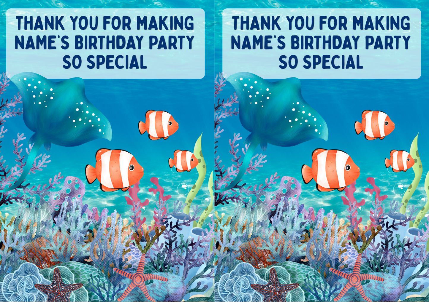 Under The Sea Theme Birthday Cake Toppers Edible Circles Personalised Name and Age Matching Stickers Balloon Invitations Pack