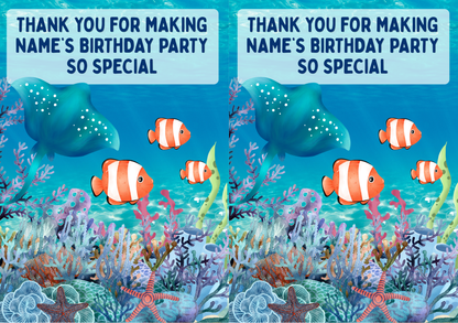Under The Sea Theme Birthday Cake Toppers Edible Circles Personalised Name and Age Matching Stickers Balloon Invitations Pack
