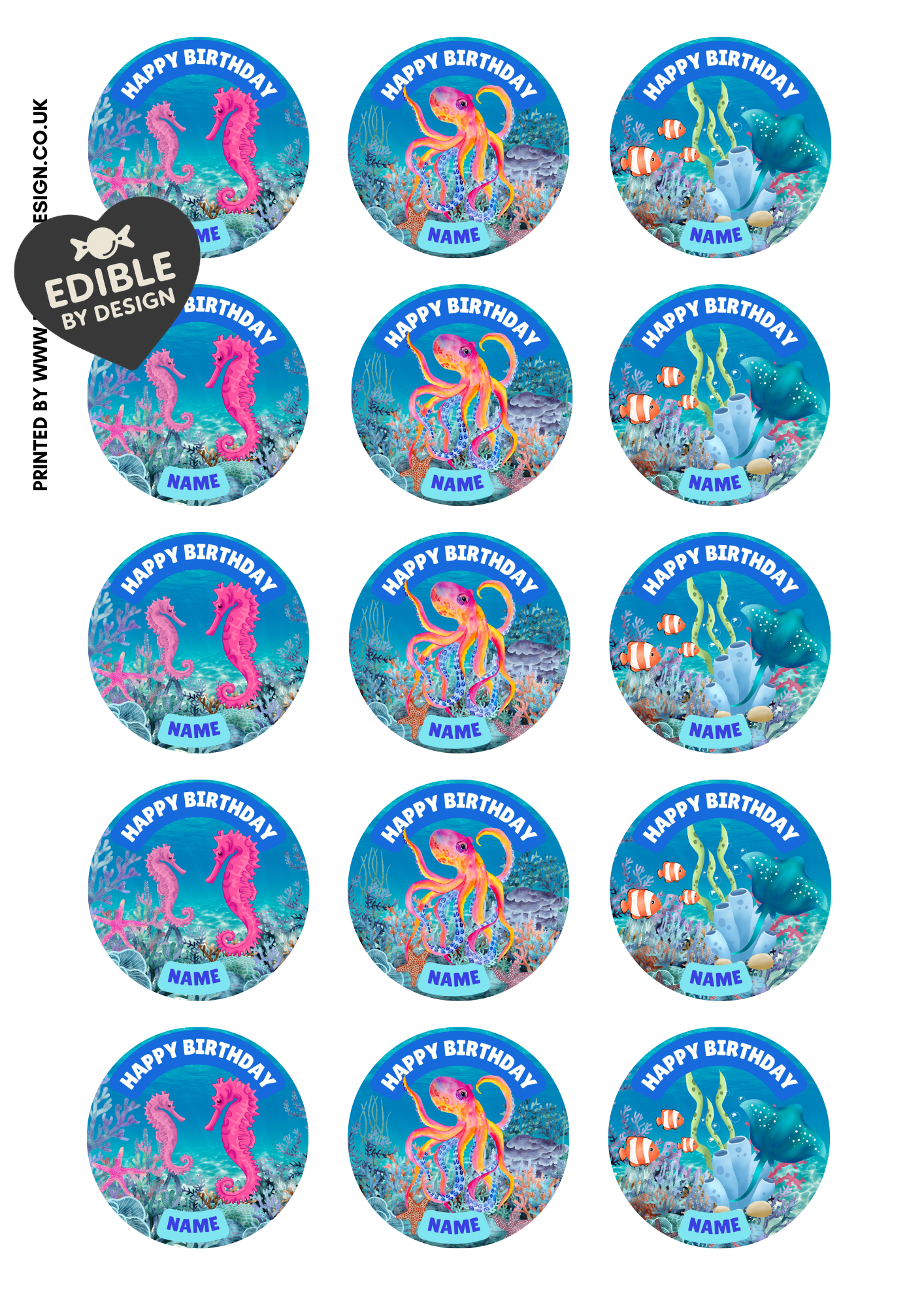 Under The Sea Theme Birthday Cake Toppers Edible Circles Personalised Name and Age Matching Stickers Balloon Invitations Pack