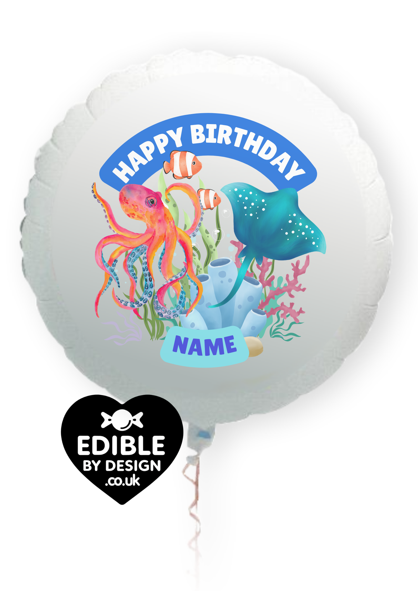 Under The Sea Theme Birthday Cake Toppers Edible Circles Personalised Name and Age Matching Stickers Balloon Invitations Pack