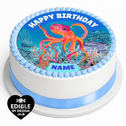 Under The Sea Theme Birthday Cake Toppers Edible Circles Personalised Name and Age Matching Stickers Balloon Invitations Pack