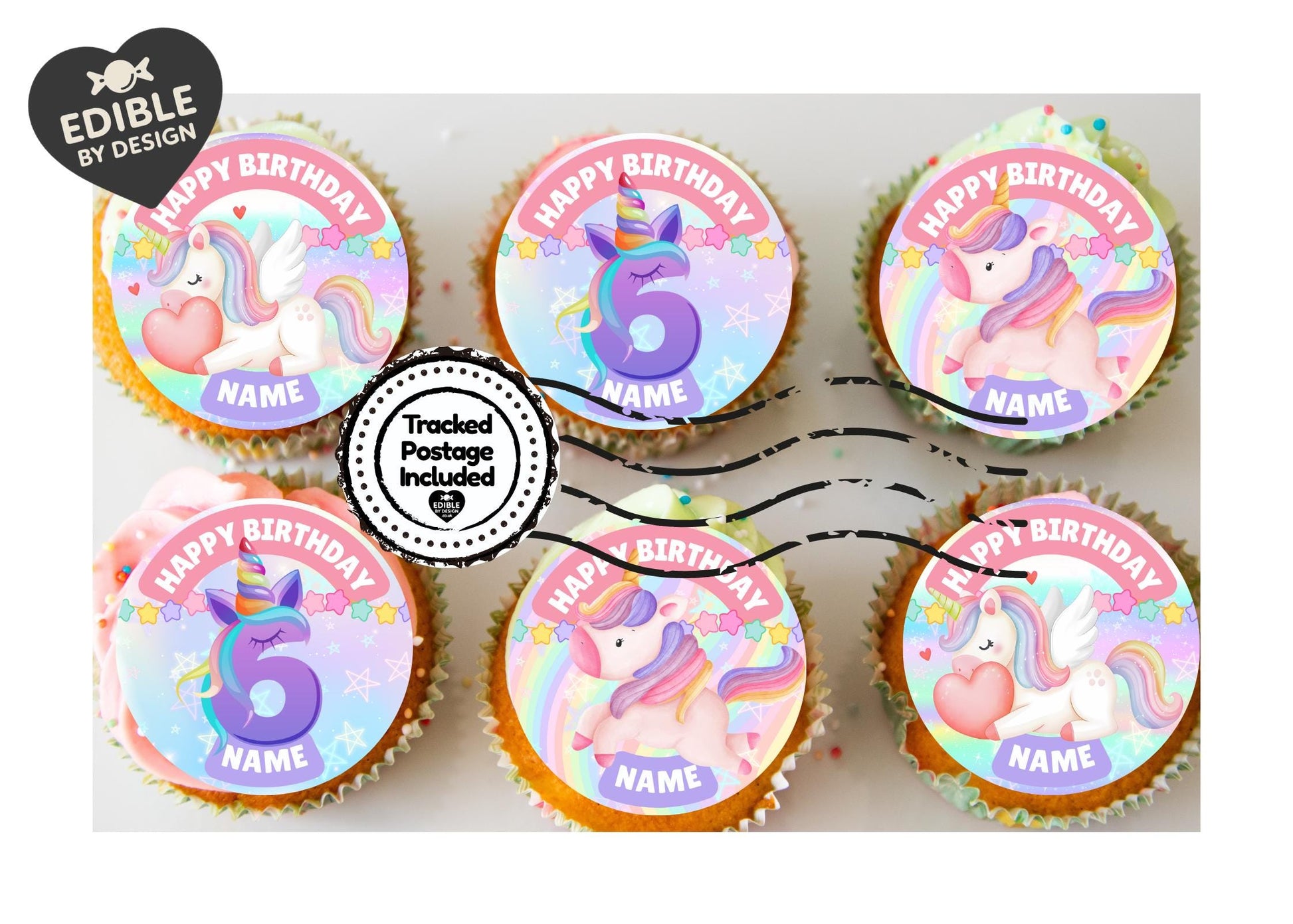 Unicorn Theme Birthday Cake Toppers Personalised Name and Age Matching Invitations Stickers Foil Balloon Pack