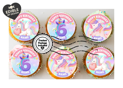 Unicorn Theme Birthday Cake Toppers Personalised Name and Age Matching Invitations Stickers Foil Balloon Pack