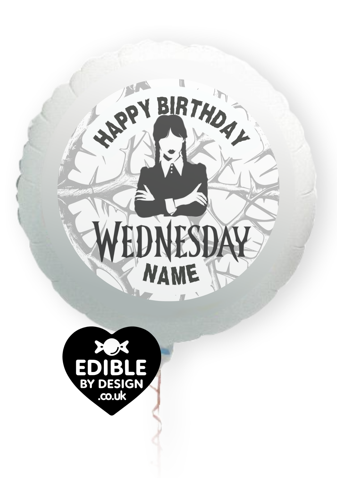 Wednesday Theme Birthday Cake Toppers Edible Circles Personalised Name and Age Matching Stickers Balloon Invitations Pack
