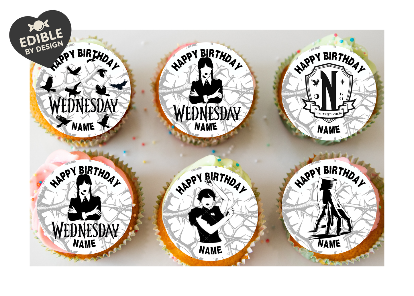 Wednesday Theme Birthday Cake Toppers Edible Circles Personalised Name and Age Matching Stickers Balloon Invitations Pack
