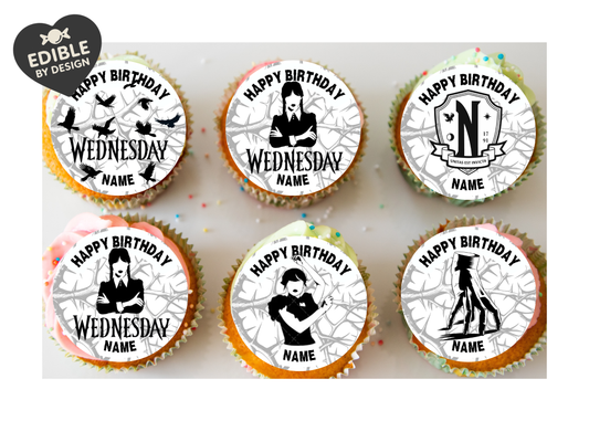 Wednesday Theme Birthday Cake Toppers Edible Circles Personalised Name and Age Matching Stickers Balloon Invitations Pack