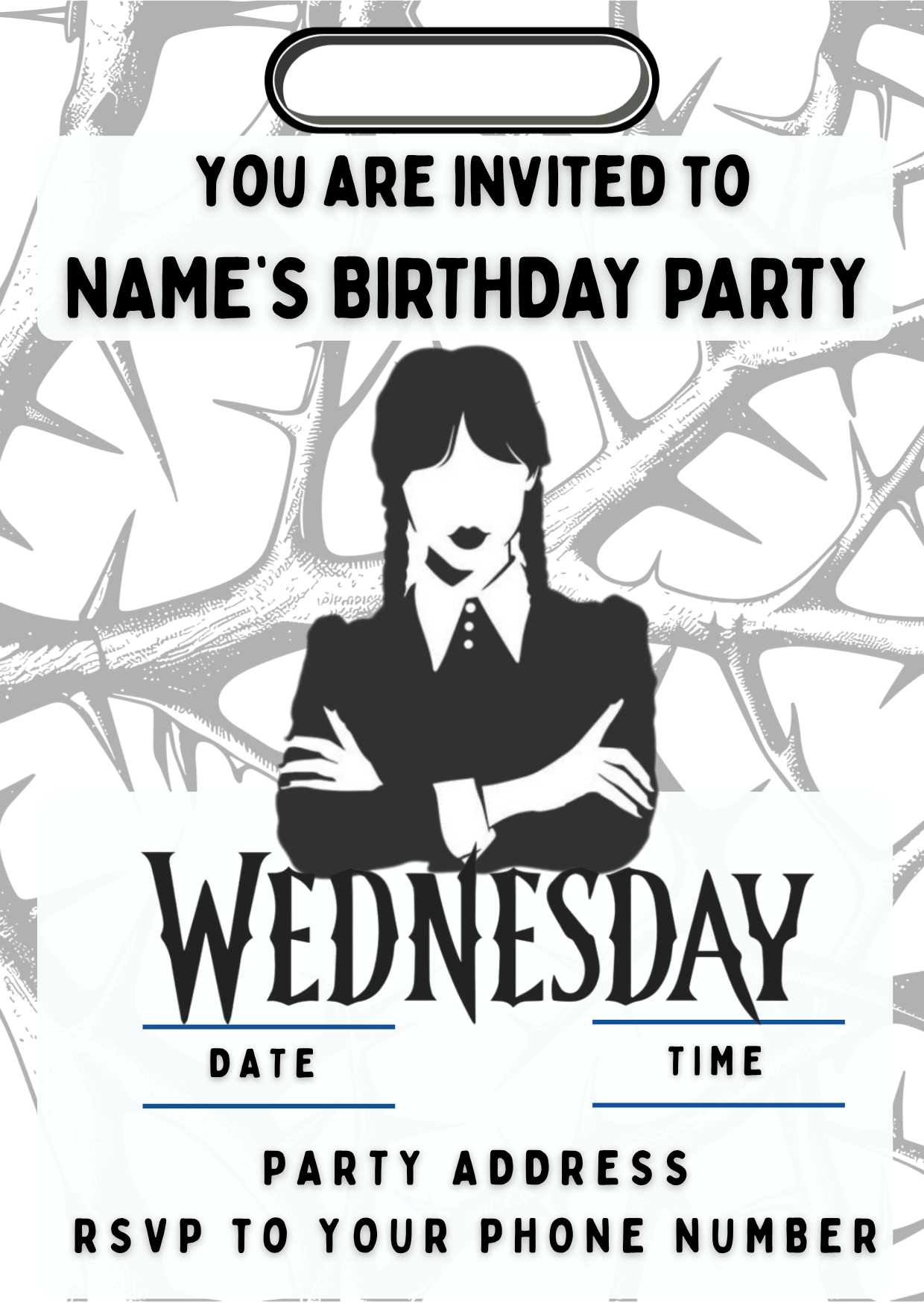 Wednesday Theme Birthday Cake Toppers Edible Circles Personalised Name and Age Matching Stickers Balloon Invitations Pack