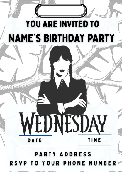 Wednesday Theme Birthday Cake Toppers Edible Circles Personalised Name and Age Matching Stickers Balloon Invitations Pack