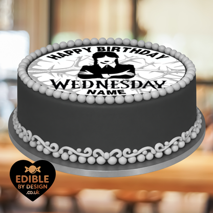 Wednesday Theme Birthday Cake Toppers Edible Circles Personalised Name and Age Matching Stickers Balloon Invitations Pack