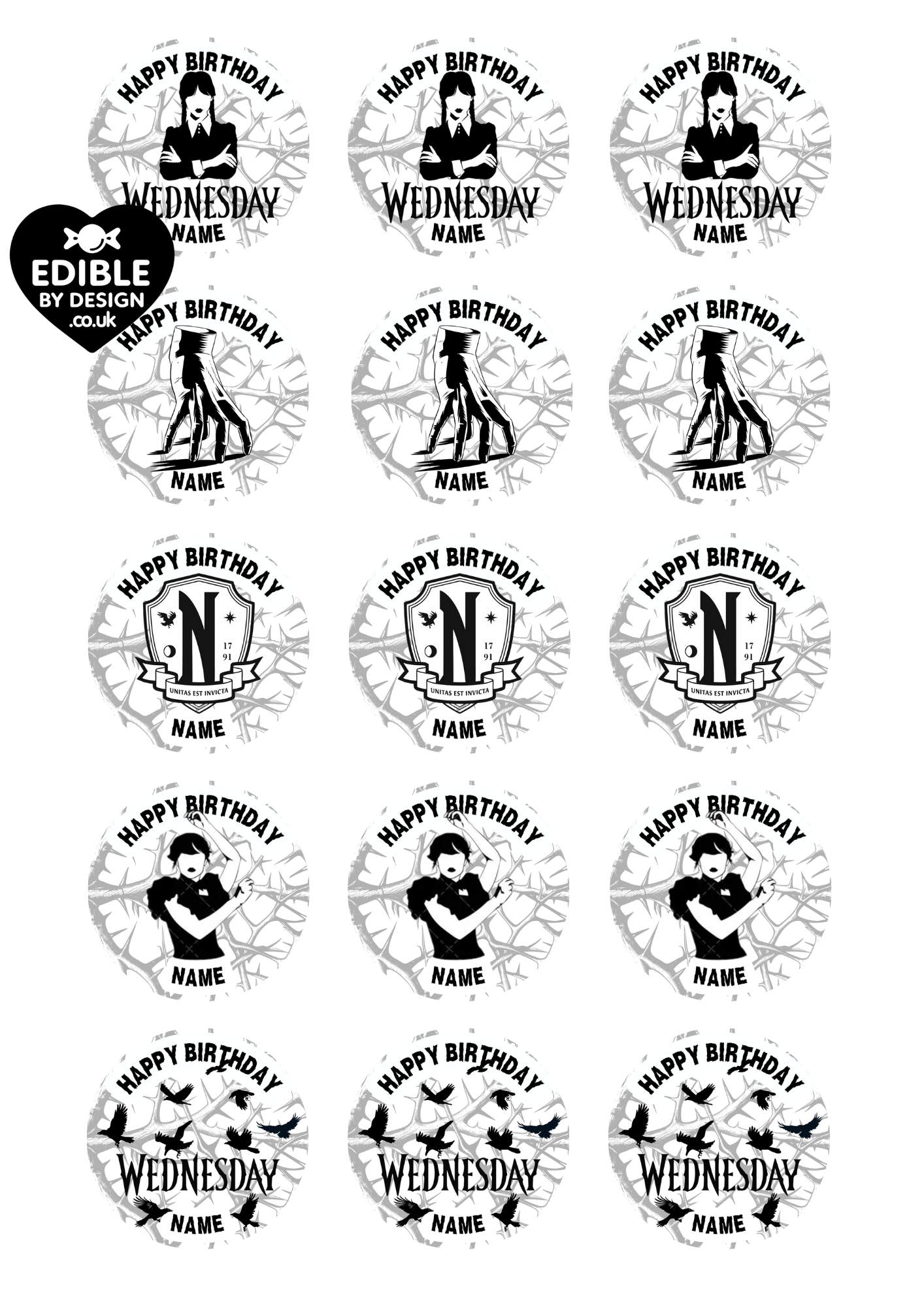 Wednesday Theme Birthday Cake Toppers Edible Circles Personalised Name and Age Matching Stickers Balloon Invitations Pack