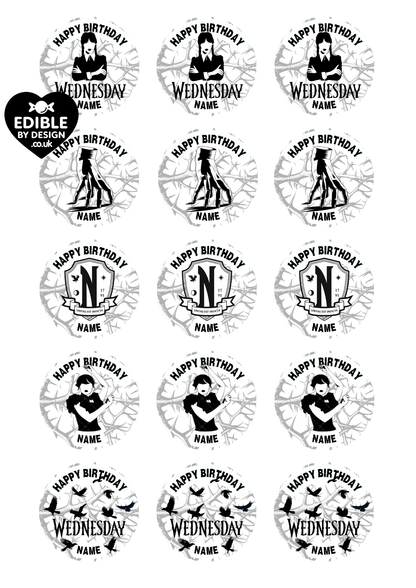 Wednesday Theme Birthday Cake Toppers Edible Circles Personalised Name and Age Matching Stickers Balloon Invitations Pack