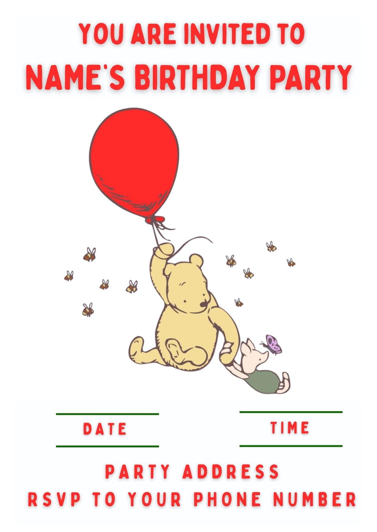 Winnie the Pooh Classic Happy Birthday Personalised Cake Toppers matching Invitations Stickers Balloon Party Pack