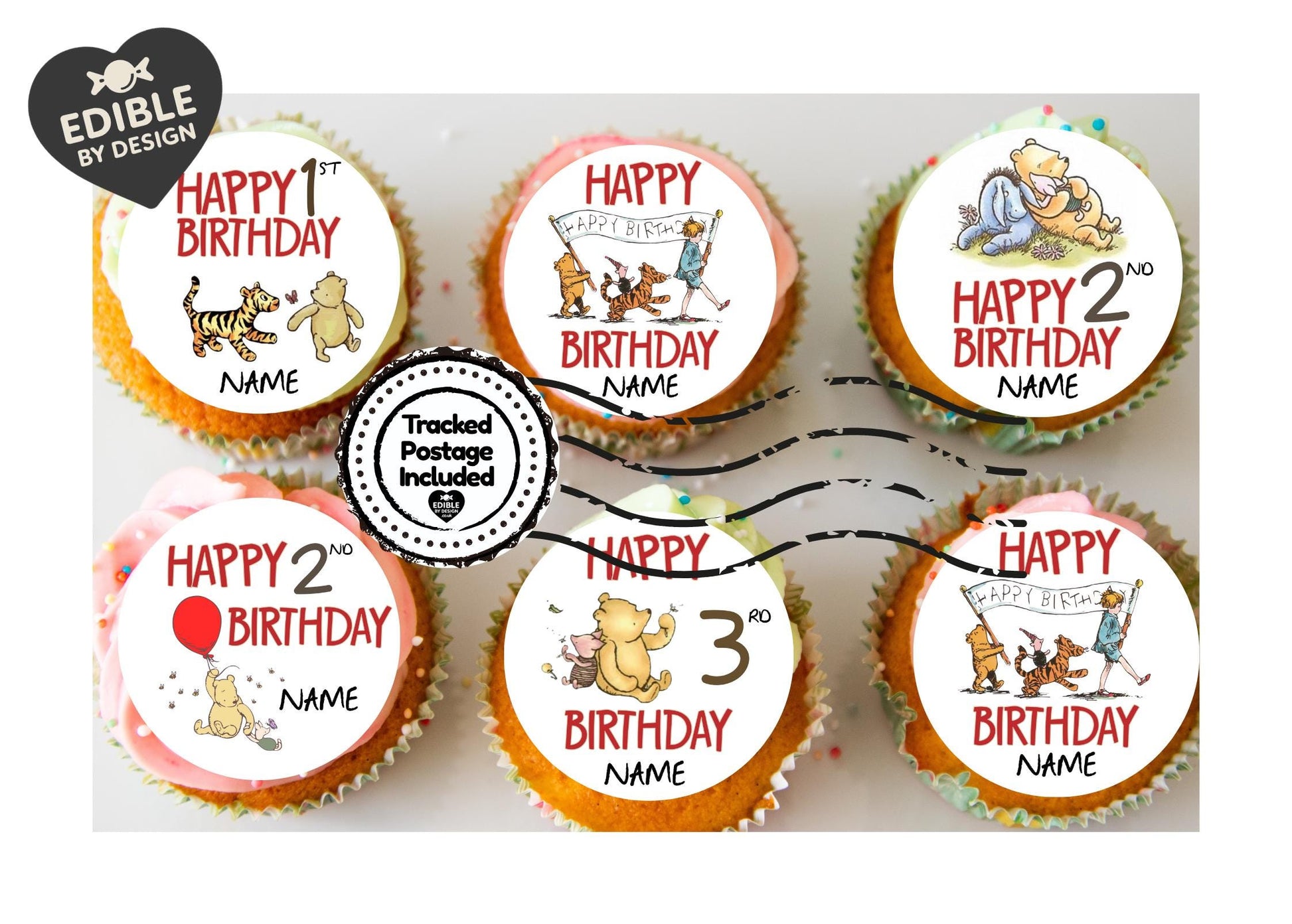 Winnie the Pooh Classic Happy Birthday Personalised Cake Toppers matching Invitations Stickers Balloon Party Pack