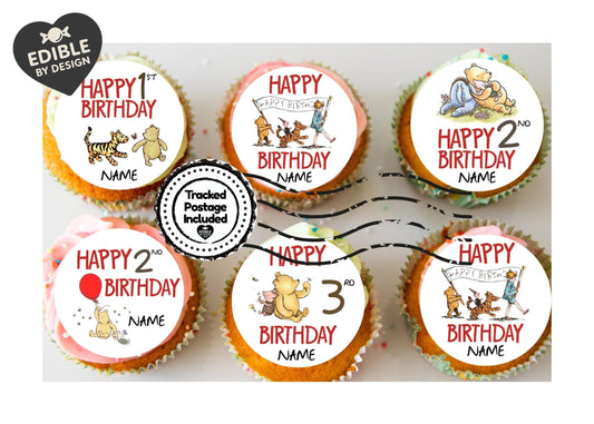 Winnie the Pooh Classic Happy Birthday Personalised Cake Toppers matching Invitations Stickers Balloon Party Pack