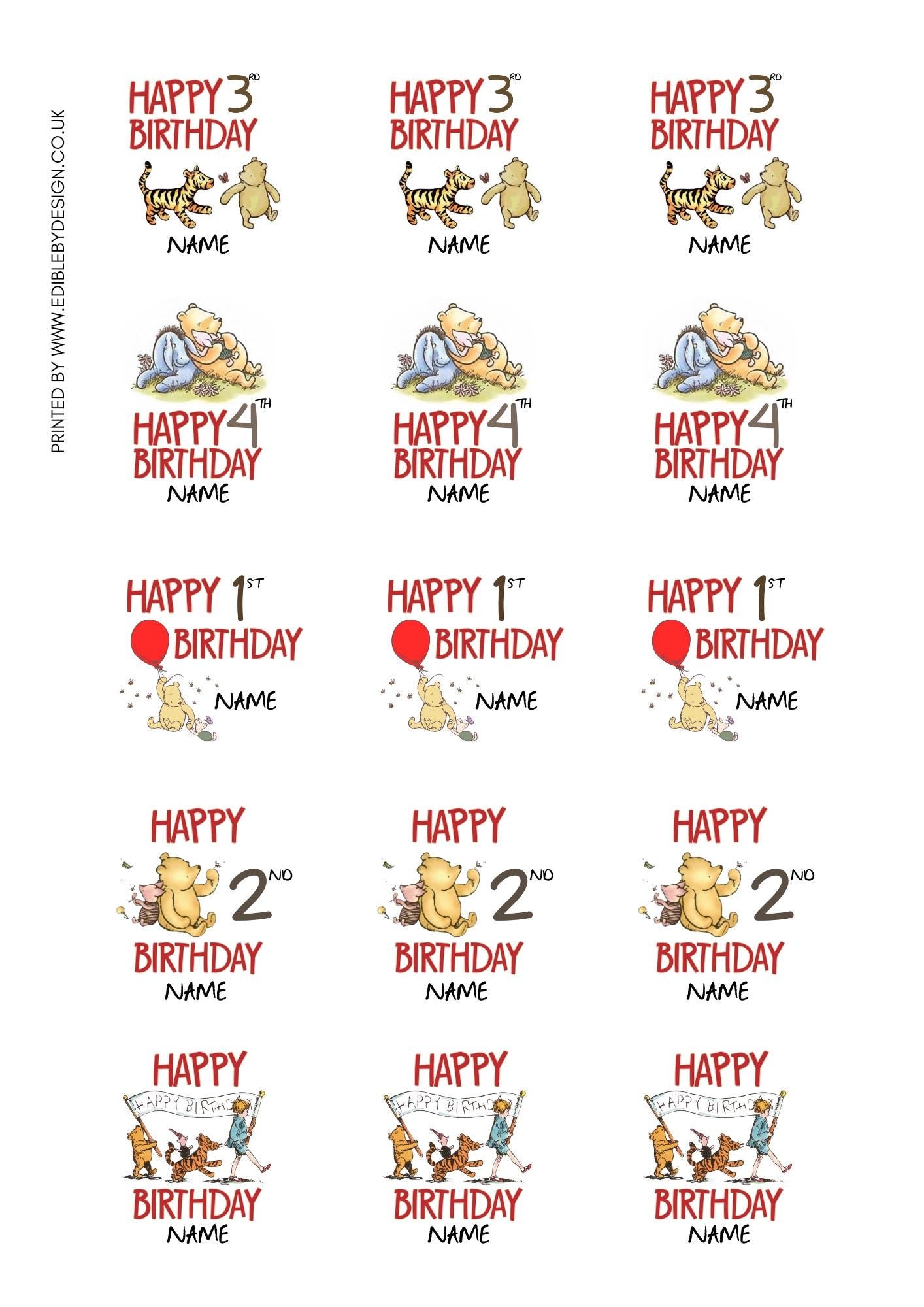 Winnie the Pooh Classic Happy Birthday Personalised Cake Toppers matching Invitations Stickers Balloon Party Pack