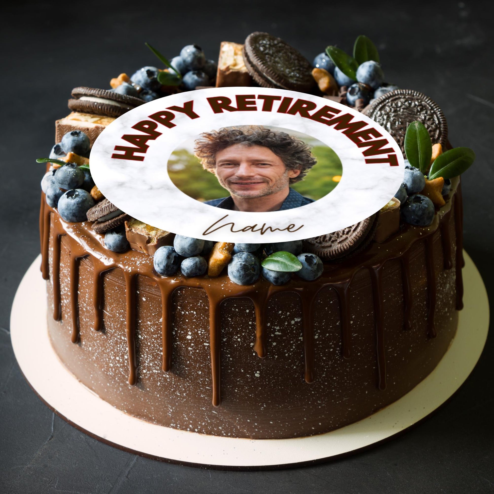 Work Retirement Cake Toppers Edible Circles Personalised Name & Photo Matching Balloon available