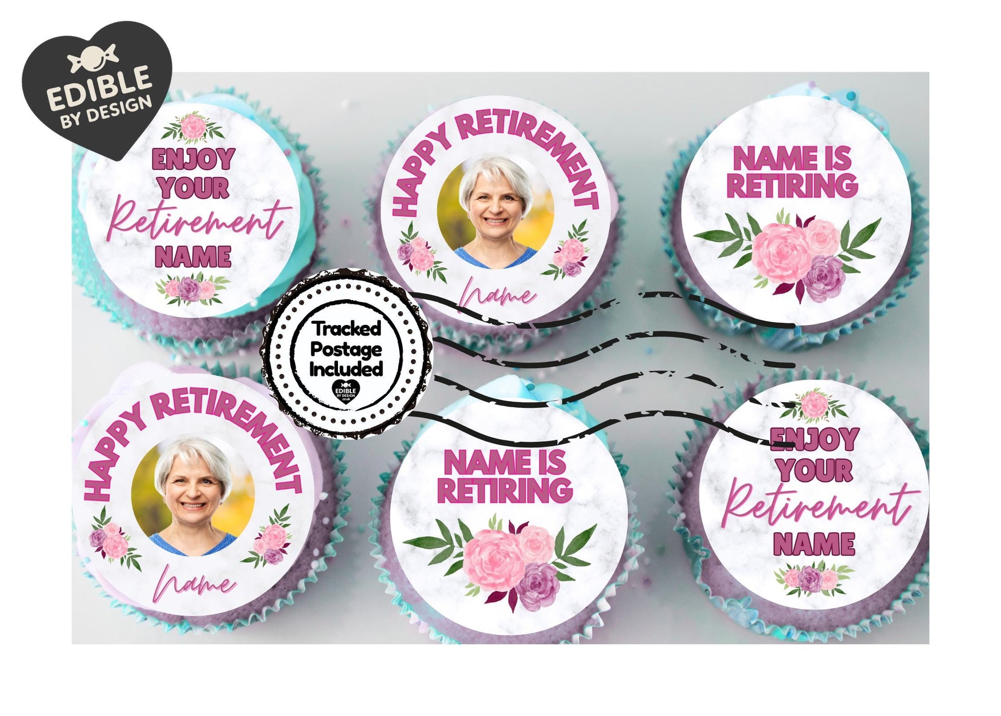Work Retirement Feminine Cake Toppers Personalised Name & Photo matching Balloon available