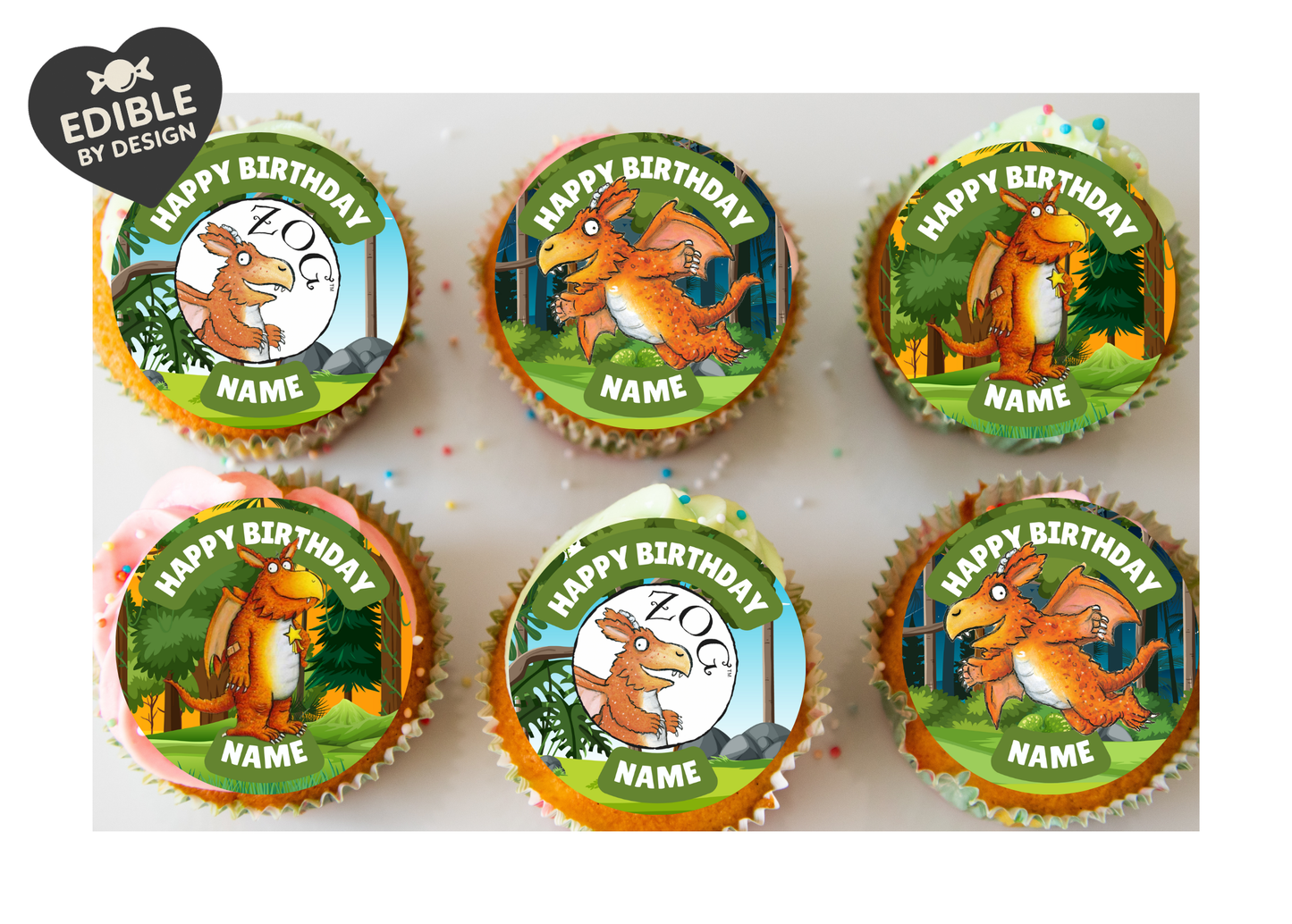 Zog Theme Birthday Cake Toppers Edible Circles Personalised Name and Age Matching Stickers Balloon Invitations Pack