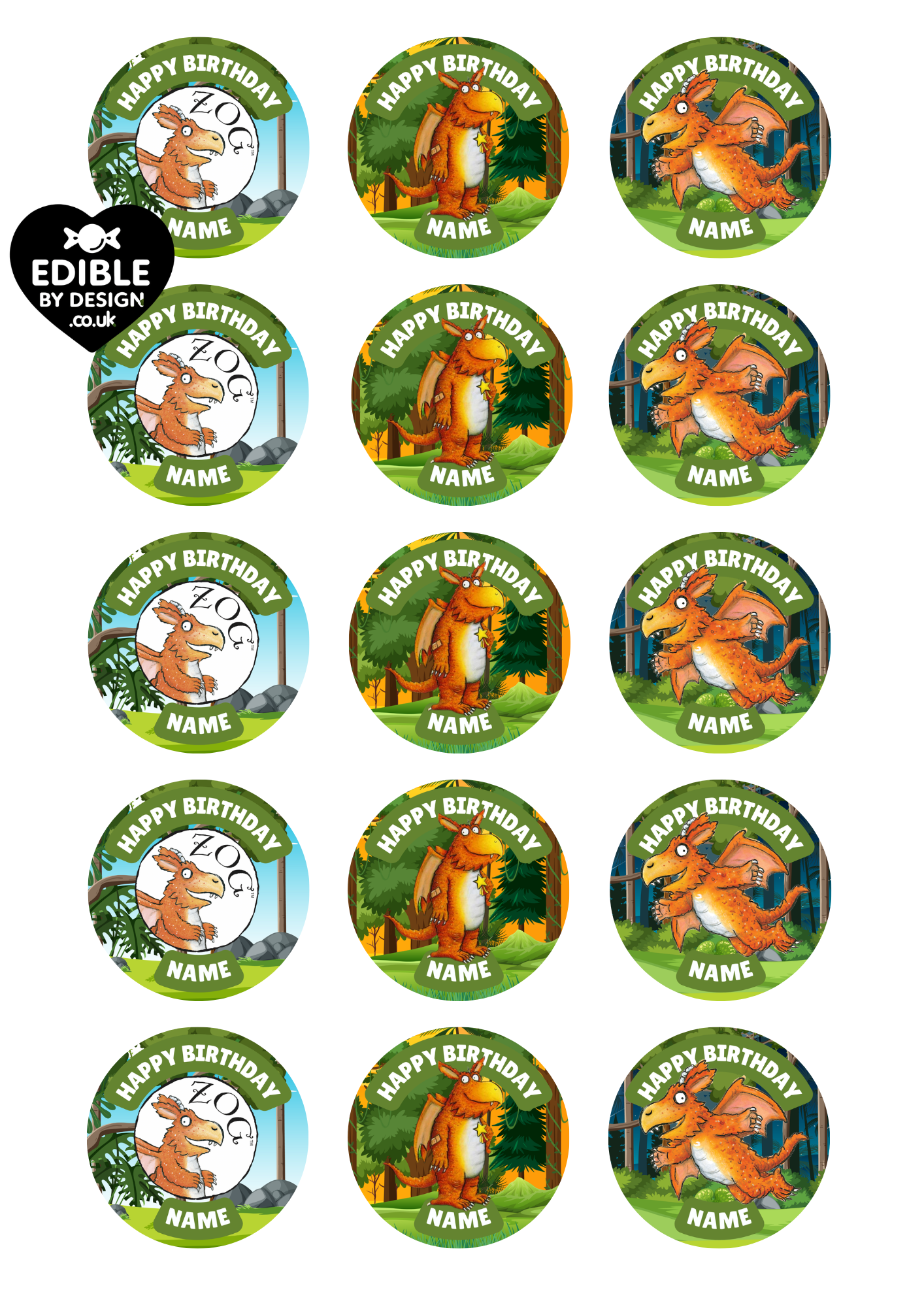 Zog Theme Birthday Cake Toppers Edible Circles Personalised Name and Age Matching Stickers Balloon Invitations Pack