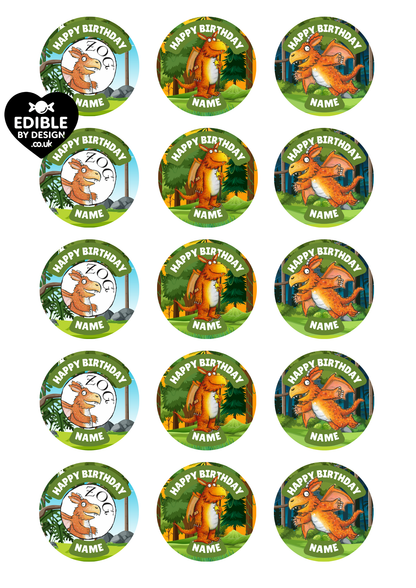 Zog Theme Birthday Cake Toppers Edible Circles Personalised Name and Age Matching Stickers Balloon Invitations Pack