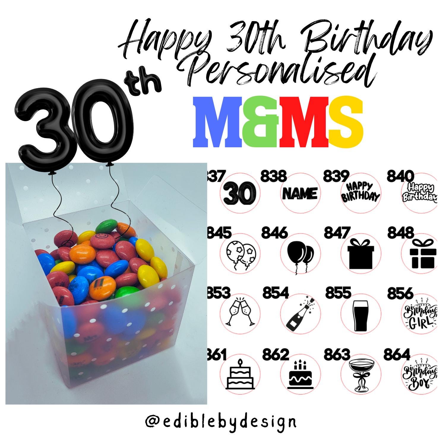 30th Birthday Chocolate M&Ms personalised with edible ink - your choice of image, logo, photo or text