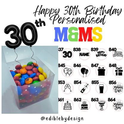 30th Birthday Chocolate M&Ms personalised with edible ink - your choice of image, logo, photo or text