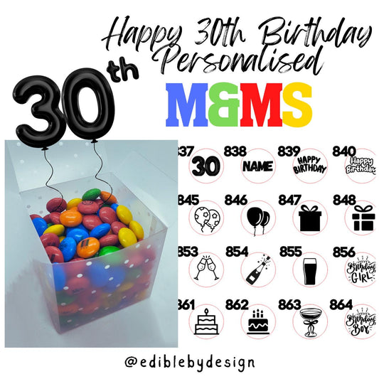 30th Birthday Chocolate M&Ms personalised with edible ink - your choice of image, logo, photo or text