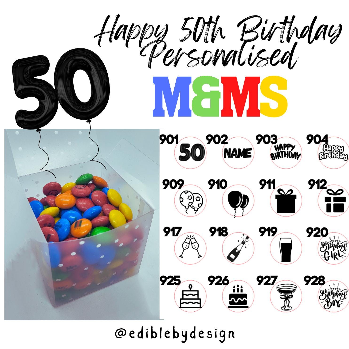 50th Birthday Chocolate M&Ms personalised with edible ink - your choice of image, logo, photo or text